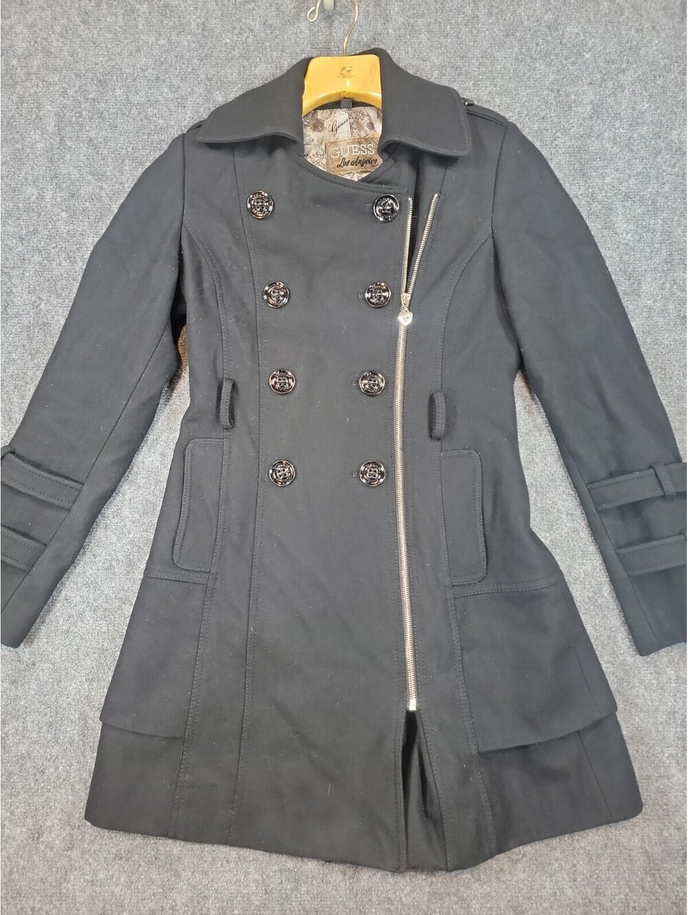 Guess Los Angeles Trench Coat Black Asymmetrical Zipper Ruffle Sleeve Small 548